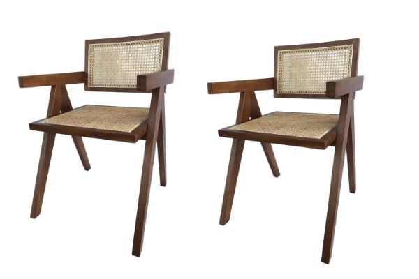 Picture of CHANDIGARH Solid Rubber Wood with Real Rattan Arm Chair (Walnut) - 2 Chairs in 1 Carton