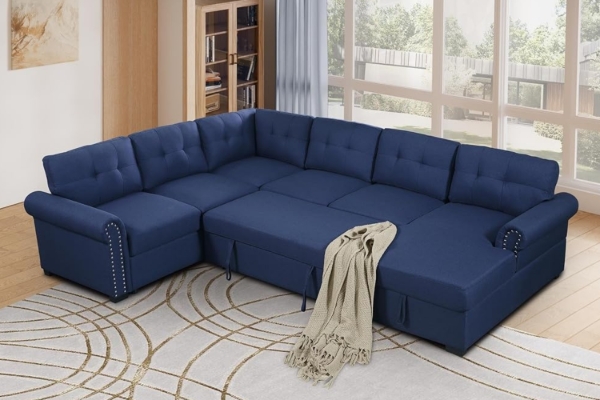 Picture of MERITON Sectional Sofa/Pull-Out Sofa Bed with Storage Chaise (Blue)