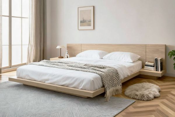 Picture of YUKI 2PC/3PC Japanese Low Height Bed Frame Set with Headboard in Queen/King Size