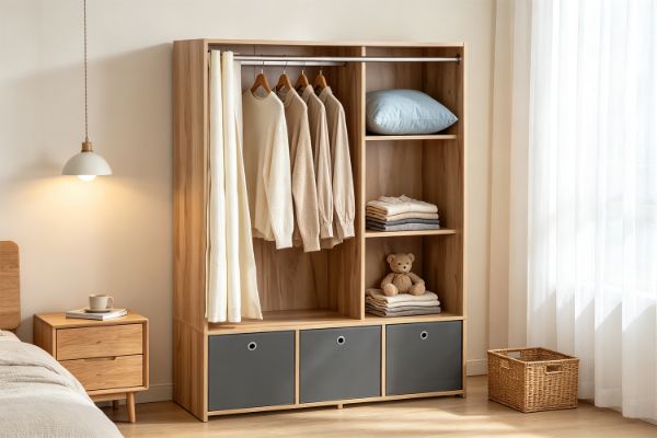 Picture of Aura H160 Open Wardrobe with Fabric Curtain, Open Shelves and 3 Fabric Drawers