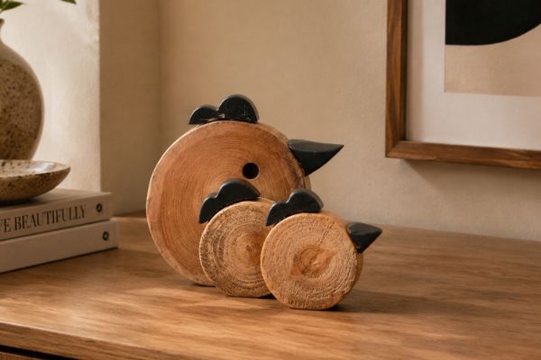 Picture of 650-050 Solid Teak Wood Chicken Family Decorative Sculptures - Set of 3