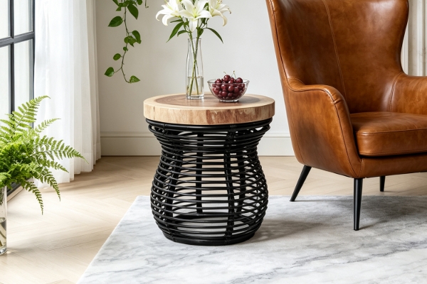 Picture of ORINDA D50 Side Table with Solid Mungur Wood Top and Rattan Base