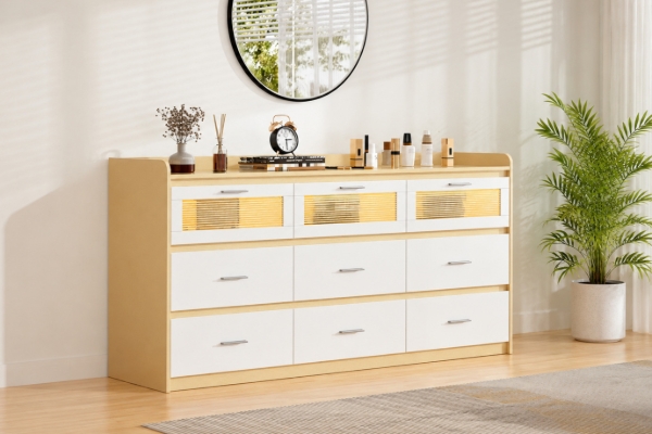 Picture of LUMEO 9-Drawer Dresser/Storage Cabinet with LED Lights (White&Oak)