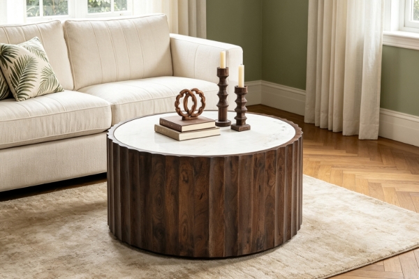 Picture of KASIA Mango Wood D89 Round Coffee Table With Marble Top