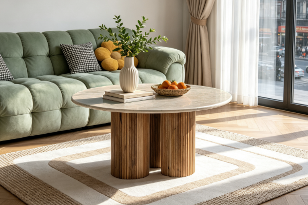 Picture of BLIX Mango Wood D68 Round Coffee Table with Marble Top